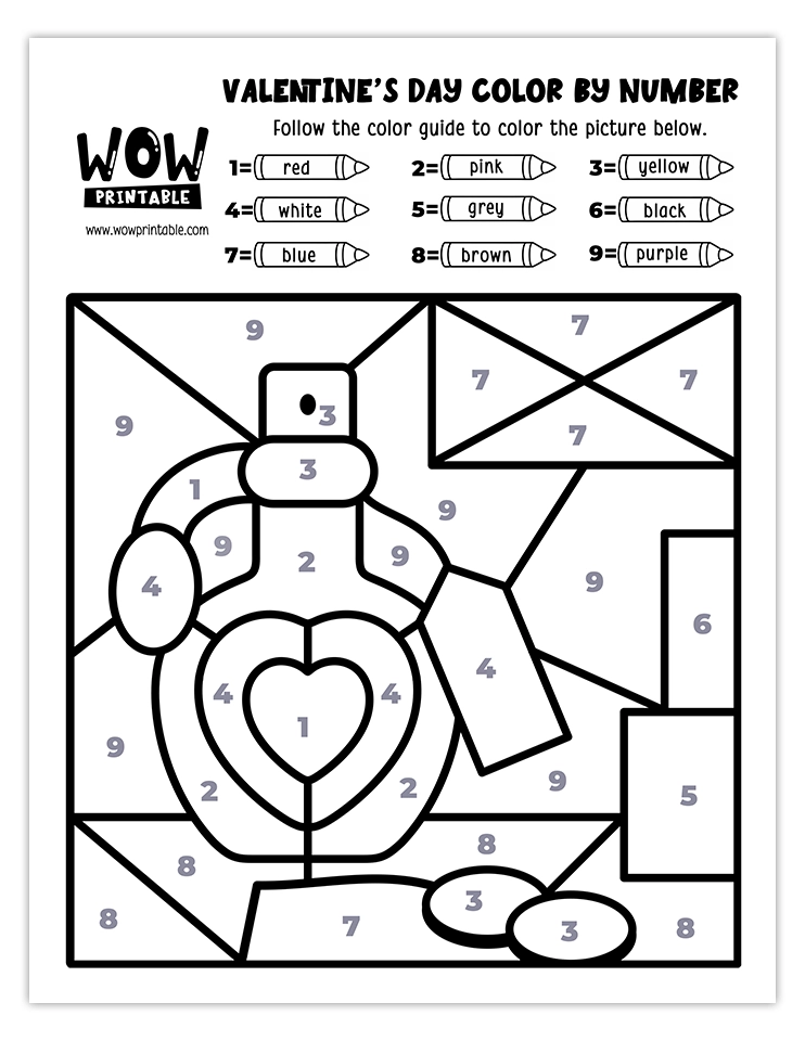 Love Perfume-themed Valentine's Day color by number worksheet, featuring a heart-shaped potion bottle and gift tags, perfect for kids' crafts.