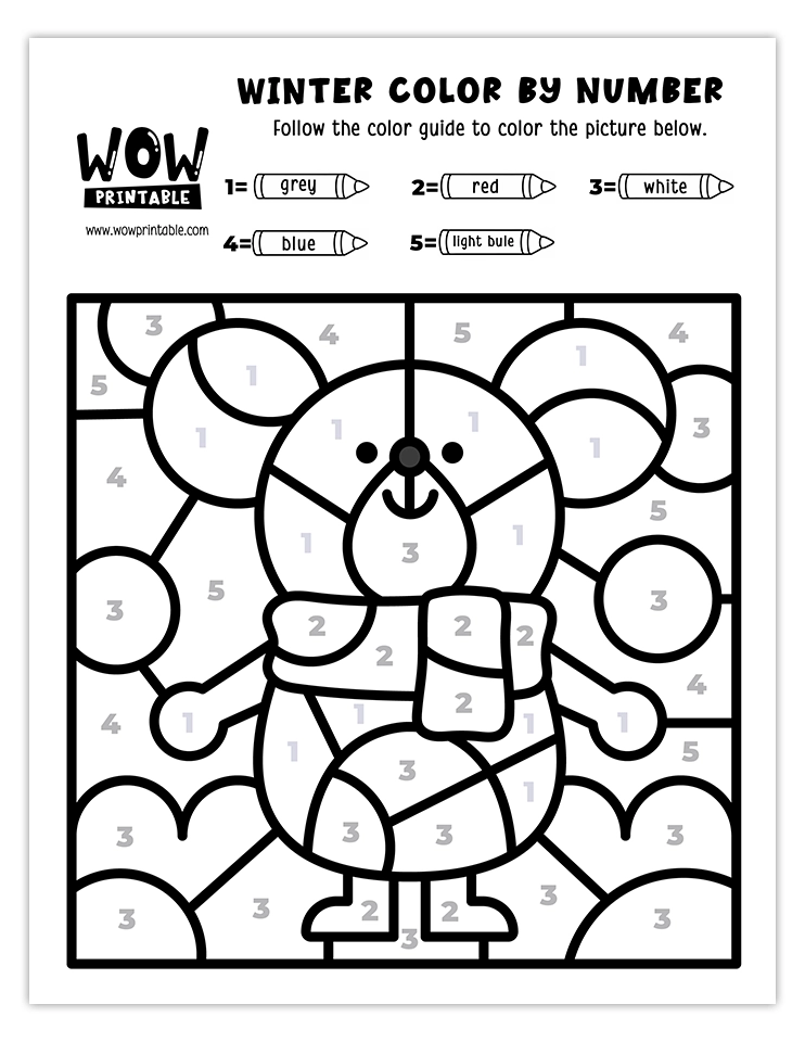 Adorable winter bear color by number worksheet with a scarf and snowy background, perfect for kids' creative fun.