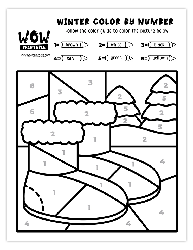 Cozy winter boots color by number worksheet set in a snowy landscape, perfect for kids' creative activities.