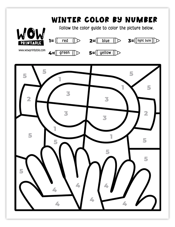 Vibrant winter goggles and gloves color by number worksheet, perfect for kids' seasonal creativity and fun.