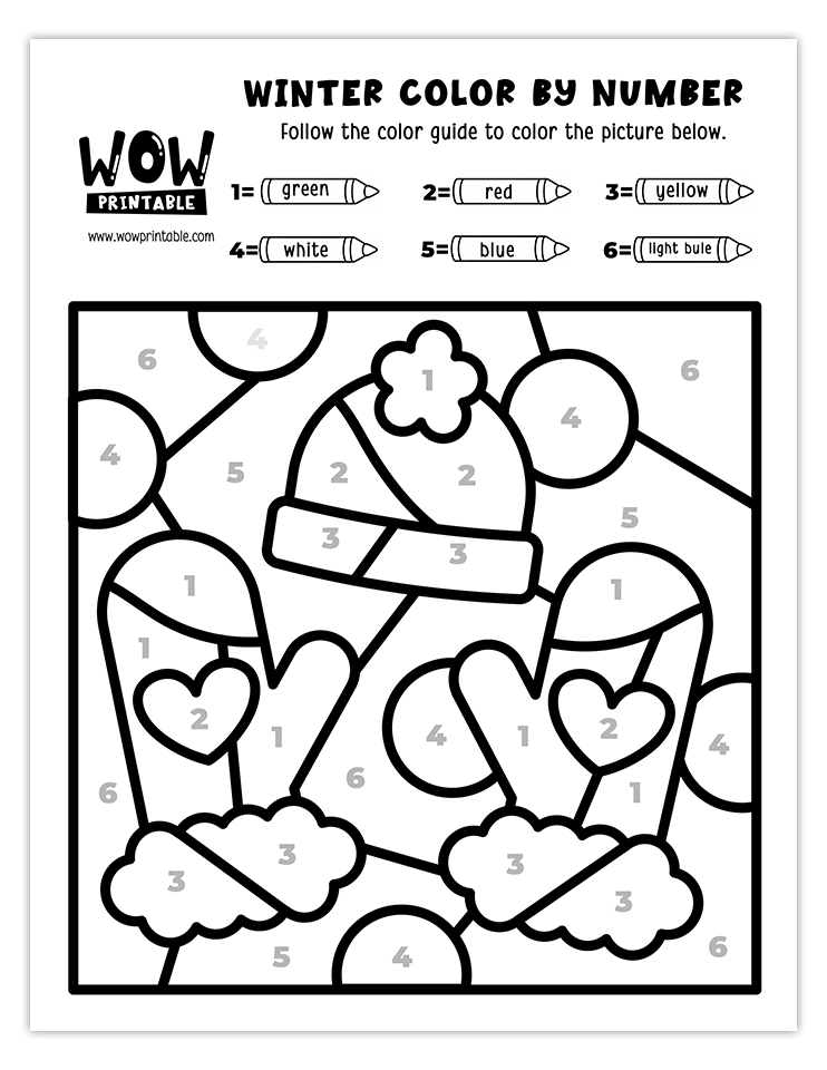 Cozy winter mittens and hat color by number worksheet perfect for kids' festive coloring activities.