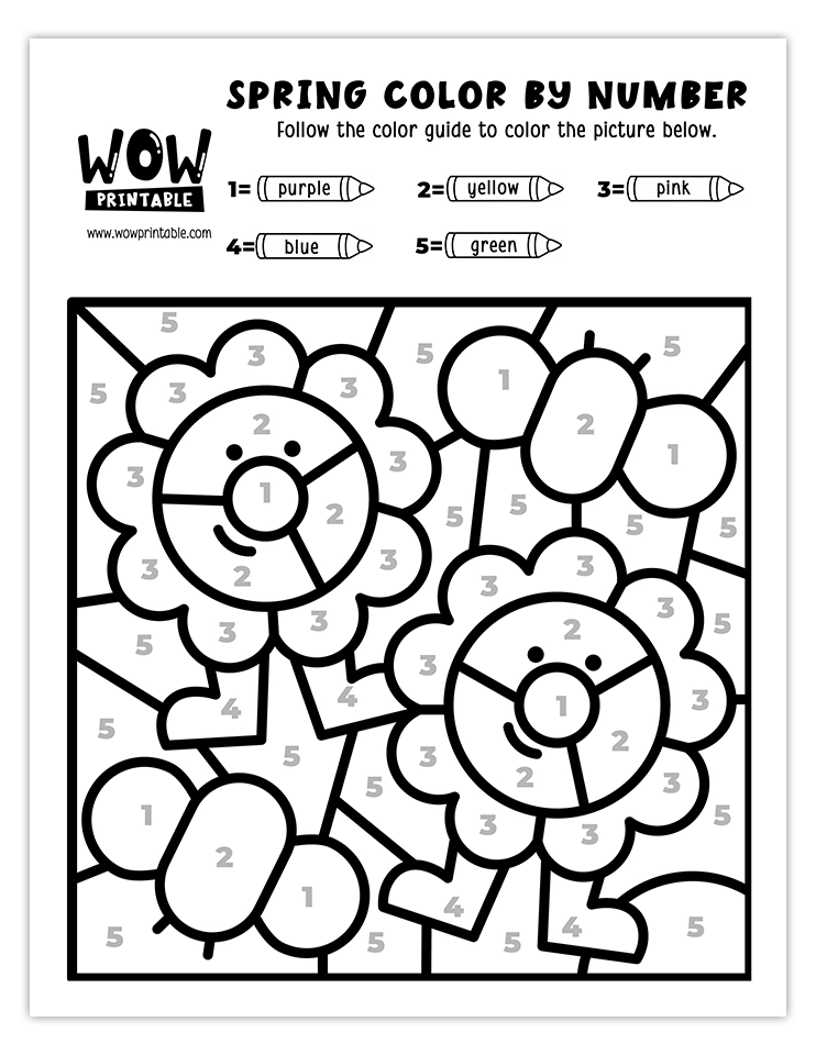 Spring color by number worksheet featuring cheerful dancing flowers with vibrant petals and green surroundings.