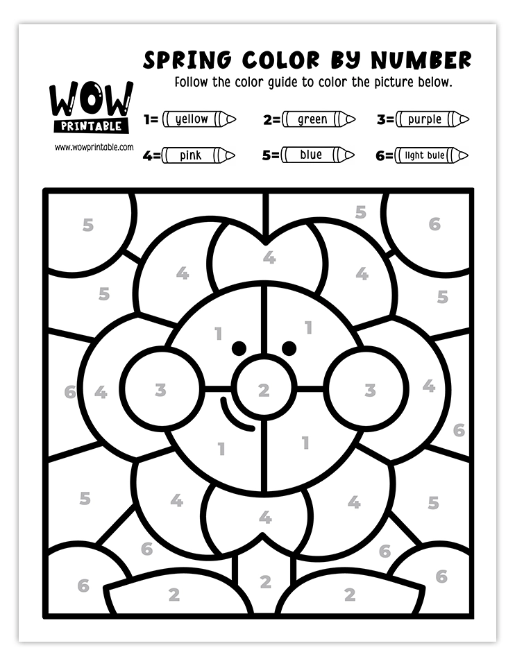 Spring color by number worksheet featuring a smiling flower with vibrant petals and a cheerful face.