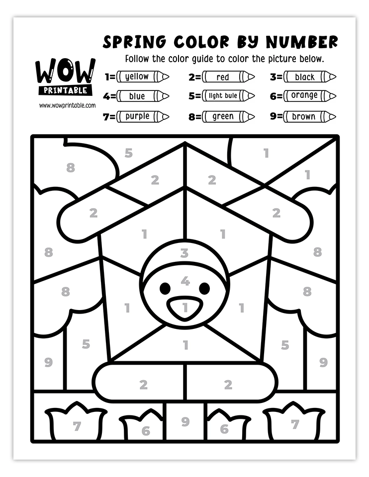 Spring color by number worksheet featuring a cheerful birdhouse with a happy bird and vibrant surroundings.