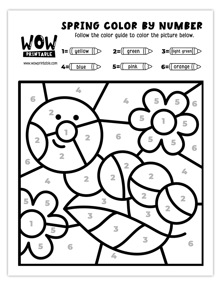 Spring color by number worksheet featuring a cheerful bug, vibrant flowers, and green leaves in a colorful garden.