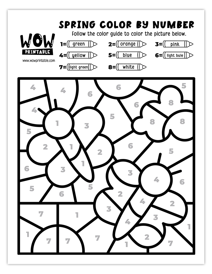 Spring color by number worksheet featuring two vibrant butterflies flying through a colorful meadow under a bright sky.