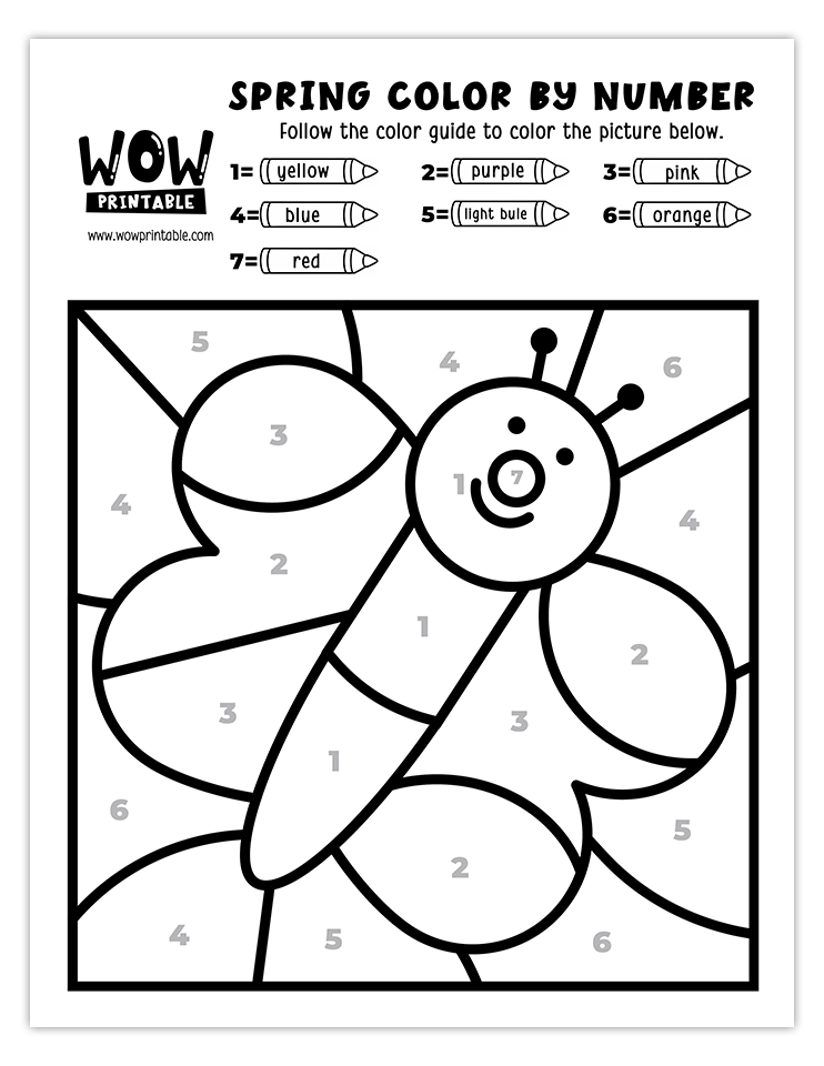 Spring color by number worksheet featuring a vibrant butterfly with colorful wings and a cheerful expression.