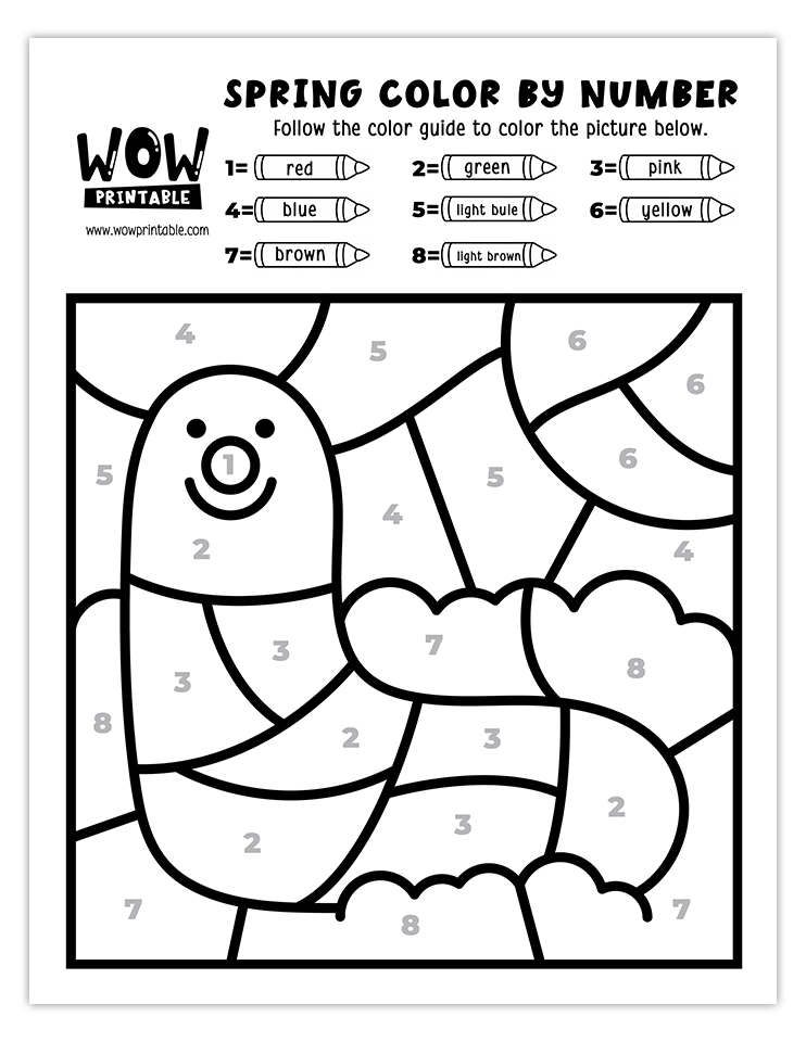 Spring color by number worksheet featuring a cheerful caterpillar crawling through a colorful garden under a bright sun.