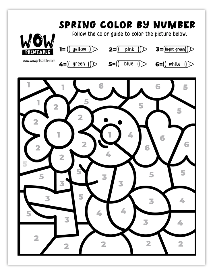 Spring color by number worksheet featuring a cheerful caterpillar with a blooming flower under a bright sky.