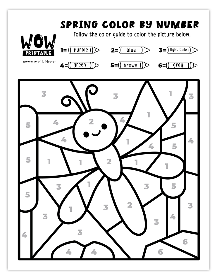 Spring color by number worksheet featuring a cheerful dragonfly in a vibrant outdoor scene with cattails and greenery.