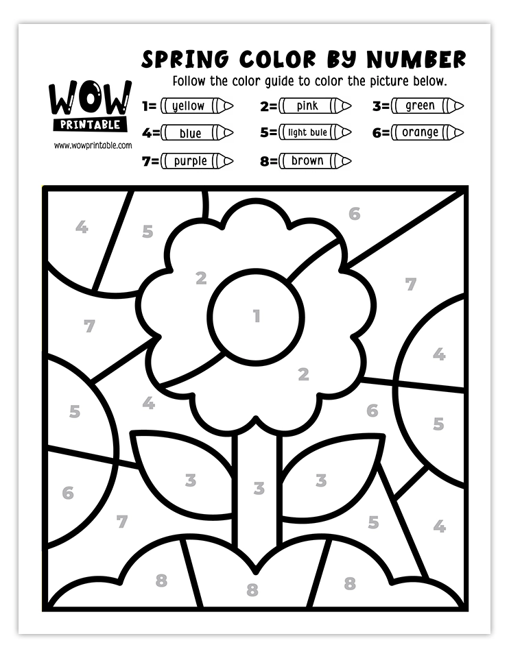 Spring color by number worksheet featuring a vibrant blooming flower with colorful petals, leaves, and a bright background.