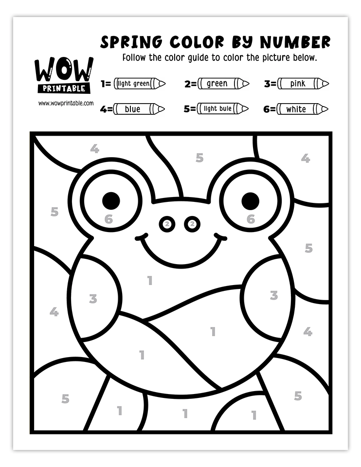 Spring color by number worksheet featuring a cheerful frog surrounded by a bright blue background for a fun coloring activity.