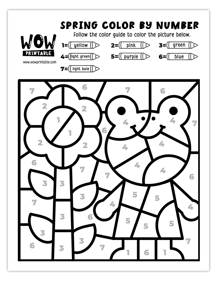 Spring color by number worksheet featuring a cheerful frog and a blooming flower with vibrant surroundings.