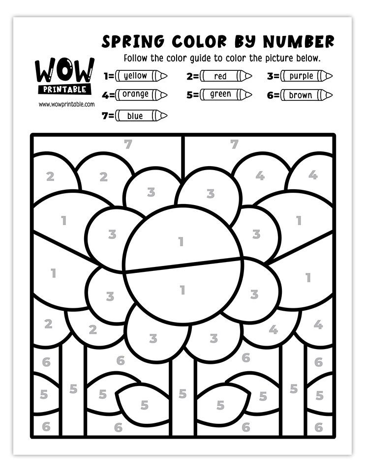 Spring color by number worksheet featuring a vibrant garden with colorful flowers and green leaves.