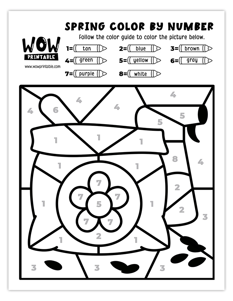 Spring color by number worksheet featuring gardening tools, a flower seed bag, and soil in a colorful garden setting.