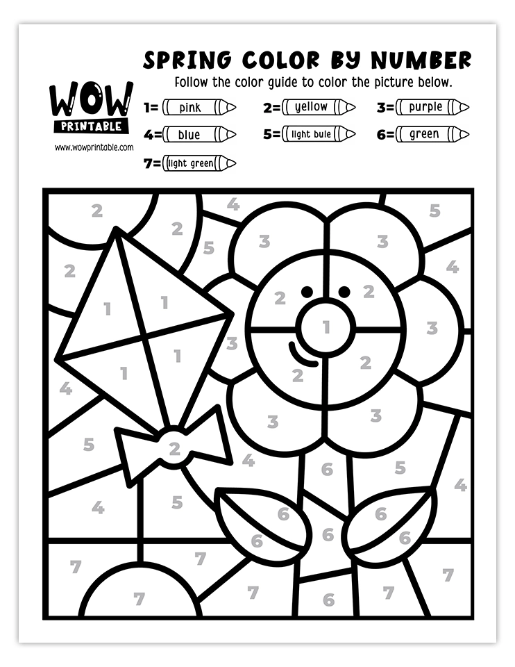 Spring color by number worksheet featuring a colorful kite and a blooming flower with vibrant details.