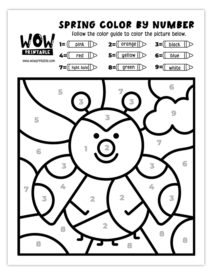 Spring color by number worksheet featuring a cheerful ladybug with numbers for coloring guide.