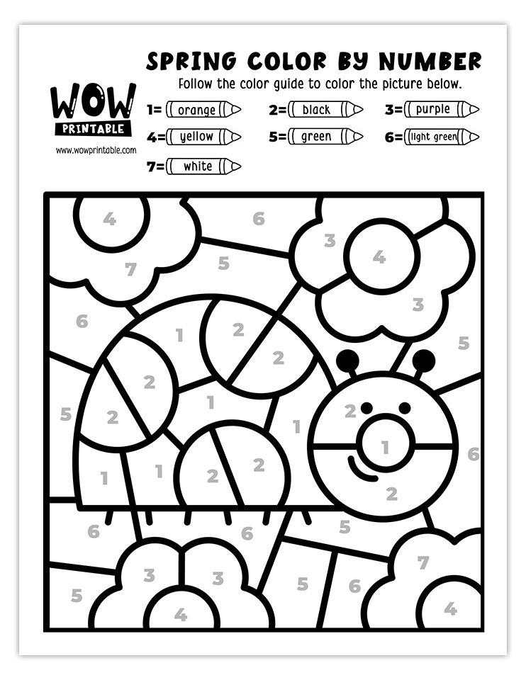 Spring color by number worksheet featuring a cheerful ladybug surrounded by vibrant flowers and greenery.