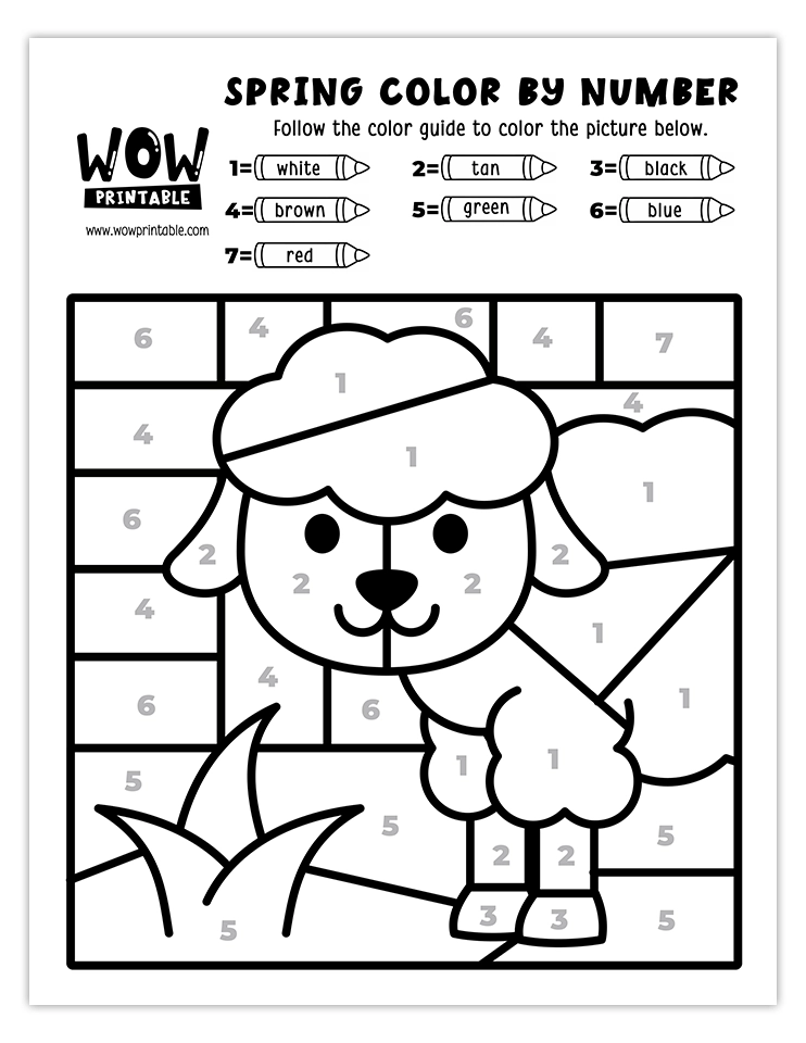 Spring color by number worksheet featuring a cute lamb in a bright farm setting with a colorful background.