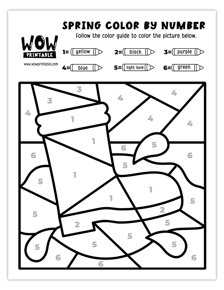 Spring color by number worksheet featuring a bright rain boot splashing in puddles with a vibrant background.