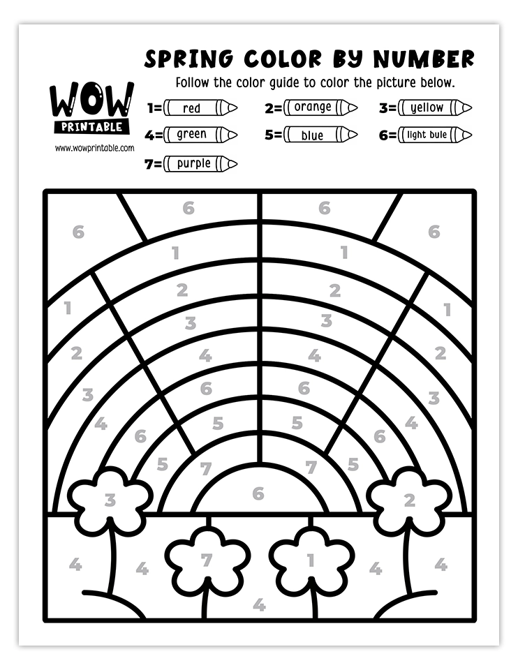 Spring color by number worksheet featuring a vibrant rainbow with colorful flowers in a cheerful outdoor setting.