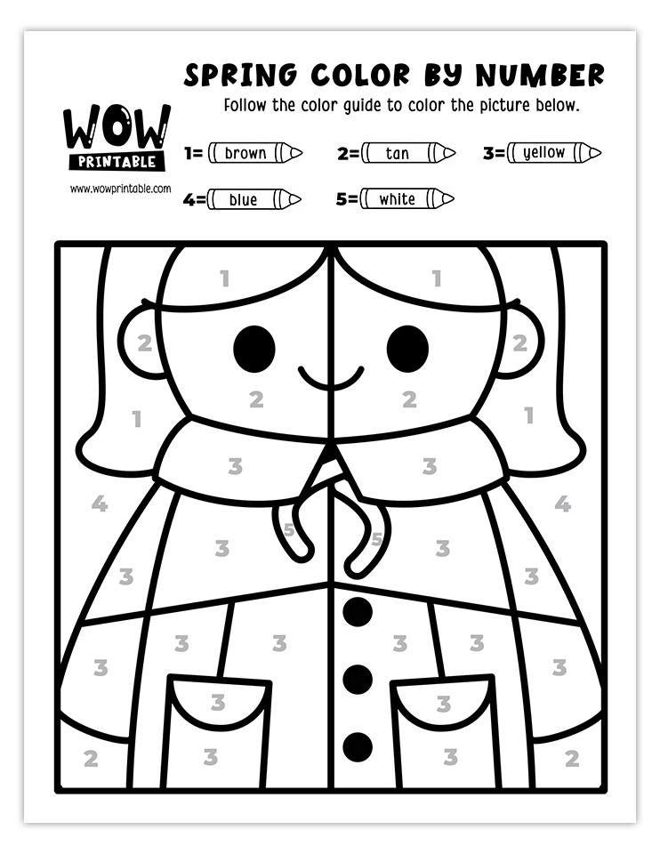 Spring color by number worksheet featuring a cheerful kid wearing a bright yellow raincoat and smiling under a blue sky.