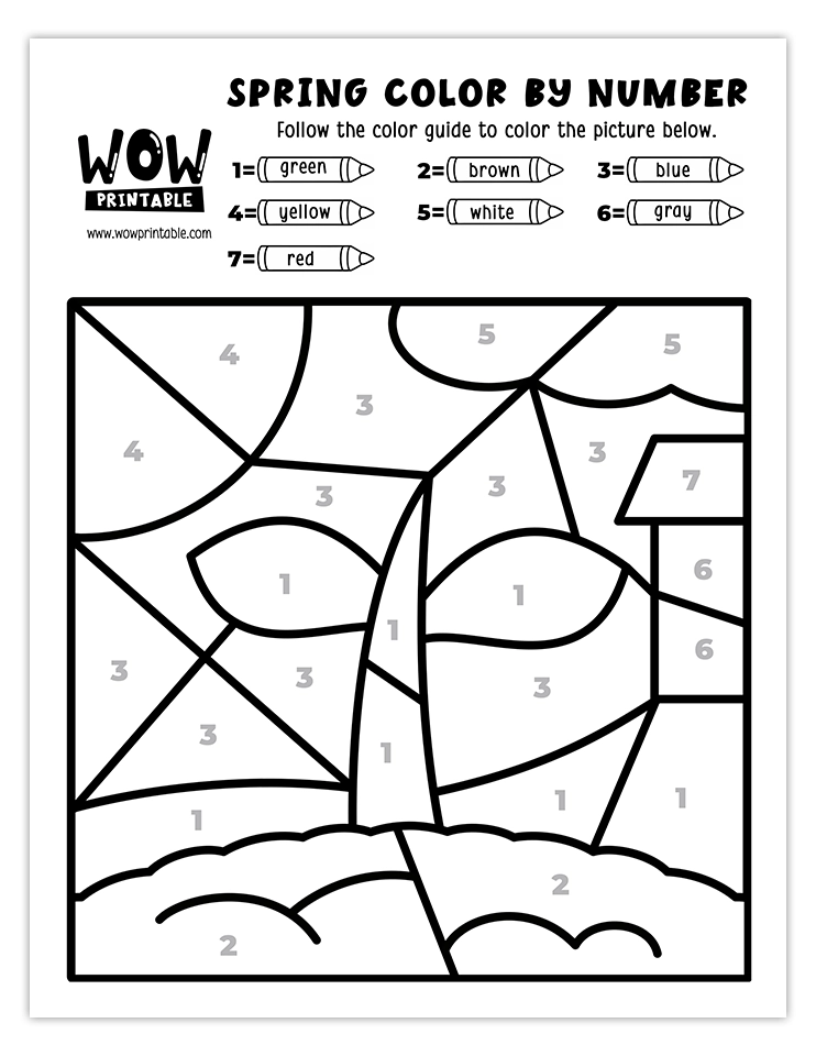 Spring color by number worksheet featuring a sprouting seedling under the sun with a vibrant background.