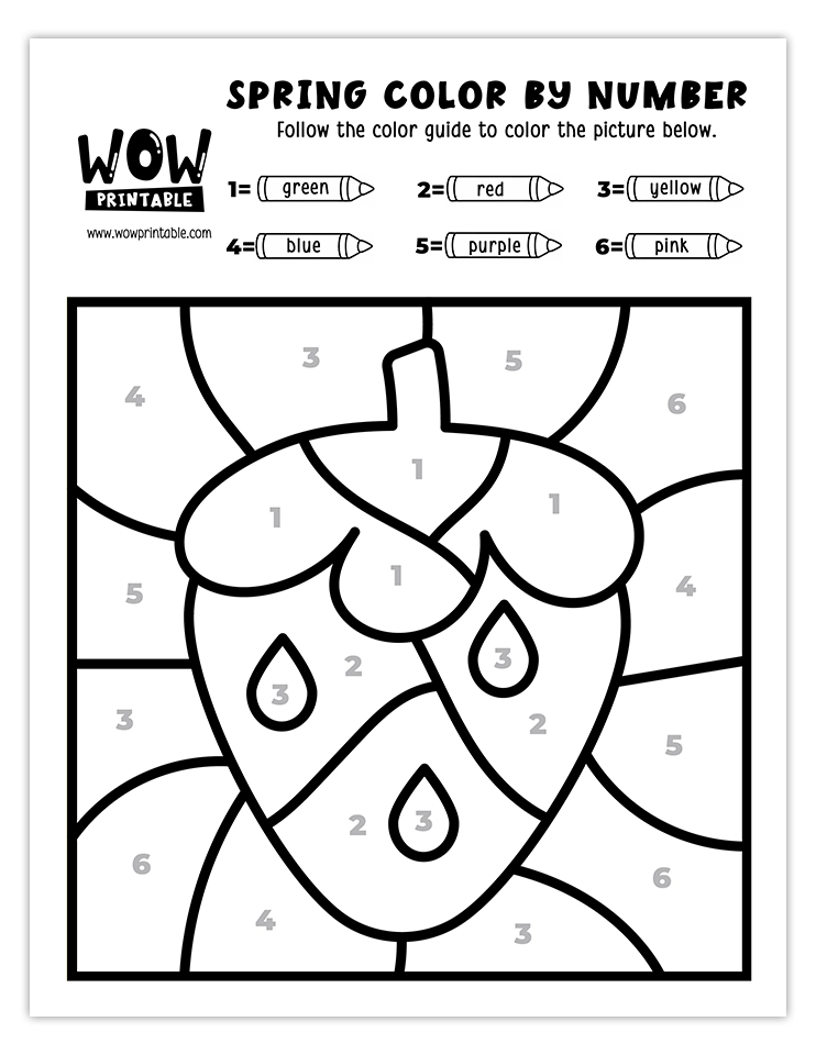 Spring color by number worksheet featuring a bright red strawberry with green leaves and a colorful background for a fun activity.