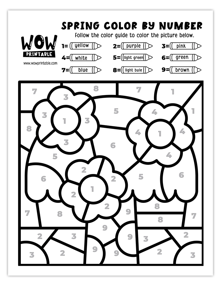 Spring color by number worksheet featuring a blooming tree with vibrant flowers and colorful surroundings.