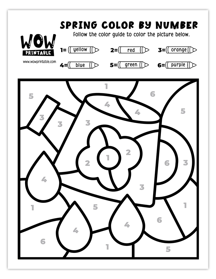 Spring color by number worksheet featuring a watering can, flower, and raindrops for a fun seasonal activity.