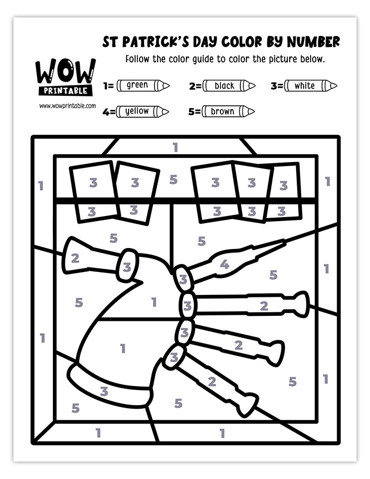 Color by number worksheet featuring festive bagpipes and Irish-themed colors, perfect for St. Patrick's Day celebrations.