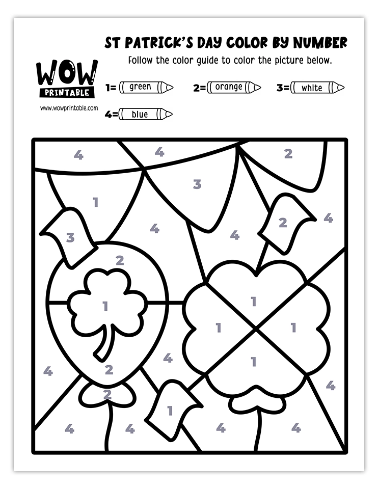 Color by number worksheet with balloons, banners, and shamrocks, perfect for celebrating St. Patrick's Day with creative fun.