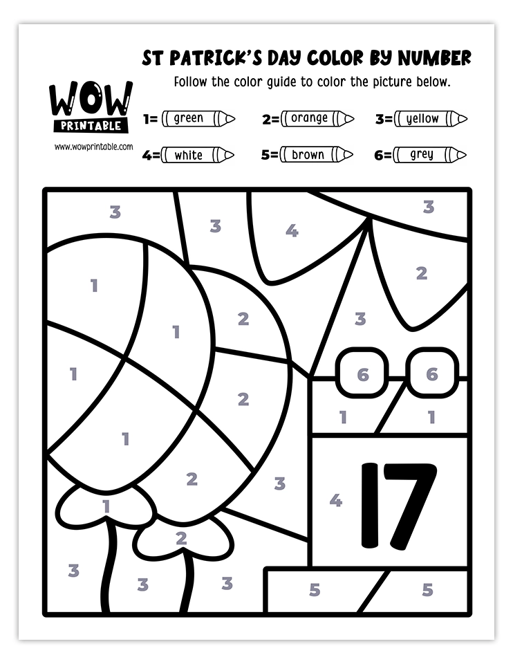 Color by number worksheet featuring festive balloons and the St. Patrick's Day date, ideal for holiday-themed kids' activities.