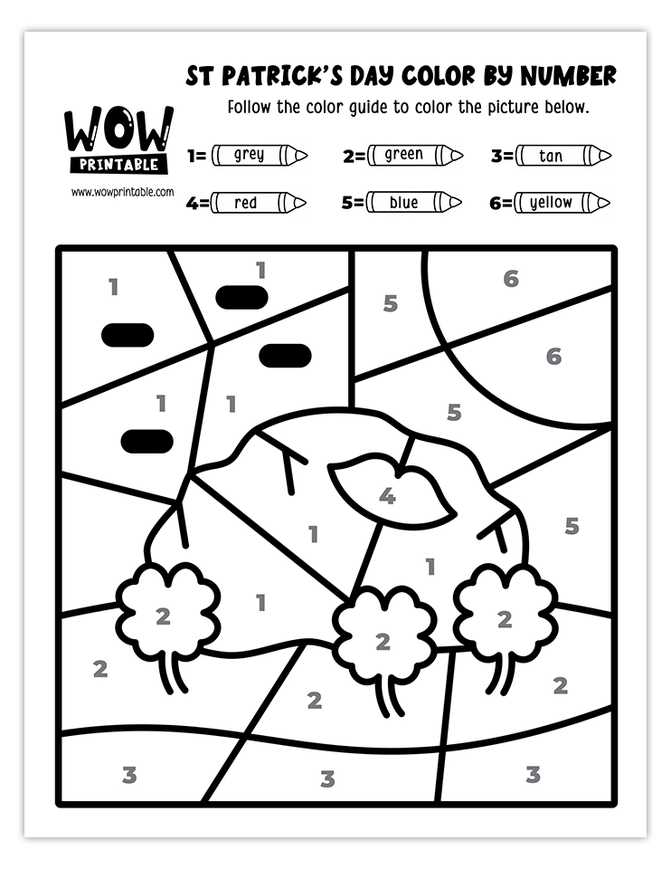 Color by number worksheet featuring the Blarney Stone with shamrocks and a sunny landscape, ideal for celebrating Irish culture on St. Patrick's Day.