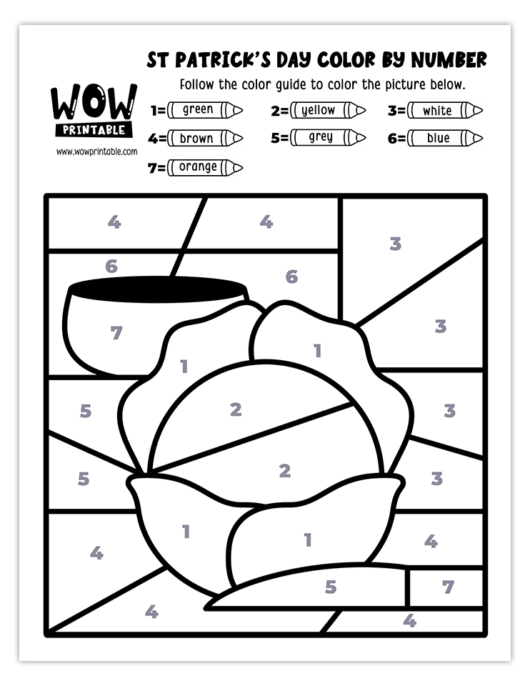 Color by number worksheet featuring a cabbage and bowl with festive colors, perfect for creative St. Patrick's Day kids' activities.