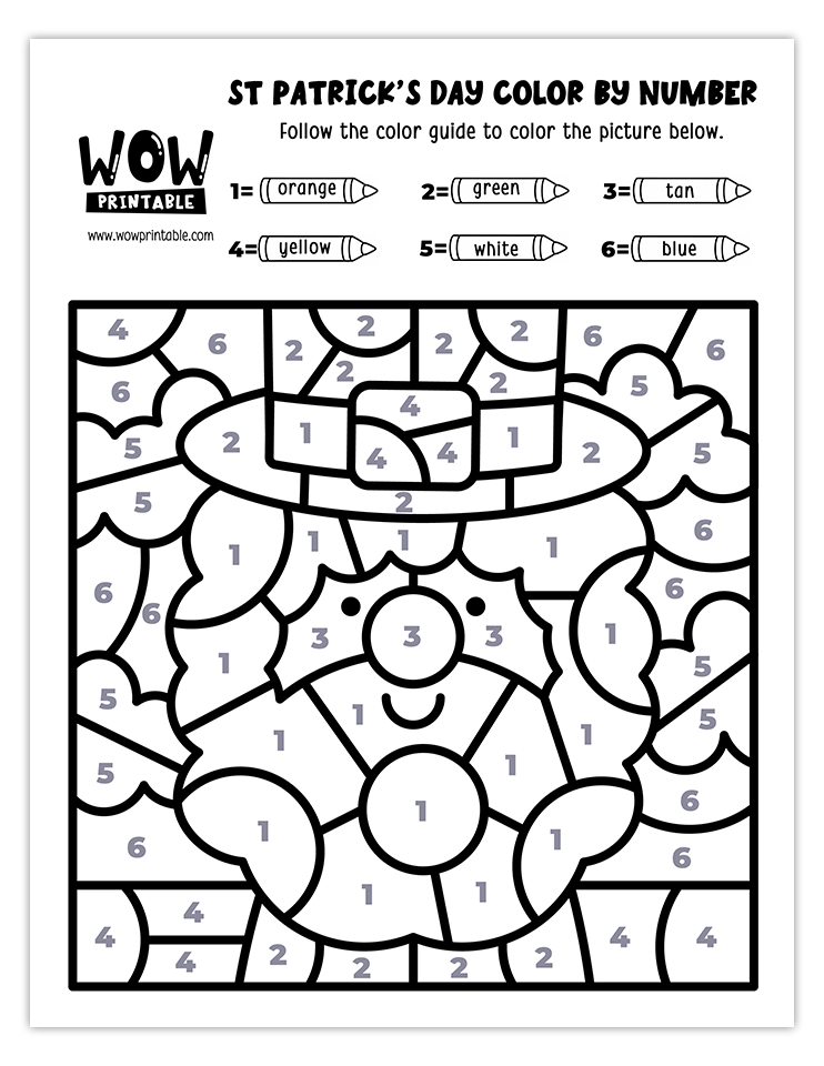 Color by number St. Patrick's Day worksheet with a leprechaun and rainbow theme, perfect for kids' festive coloring activities.