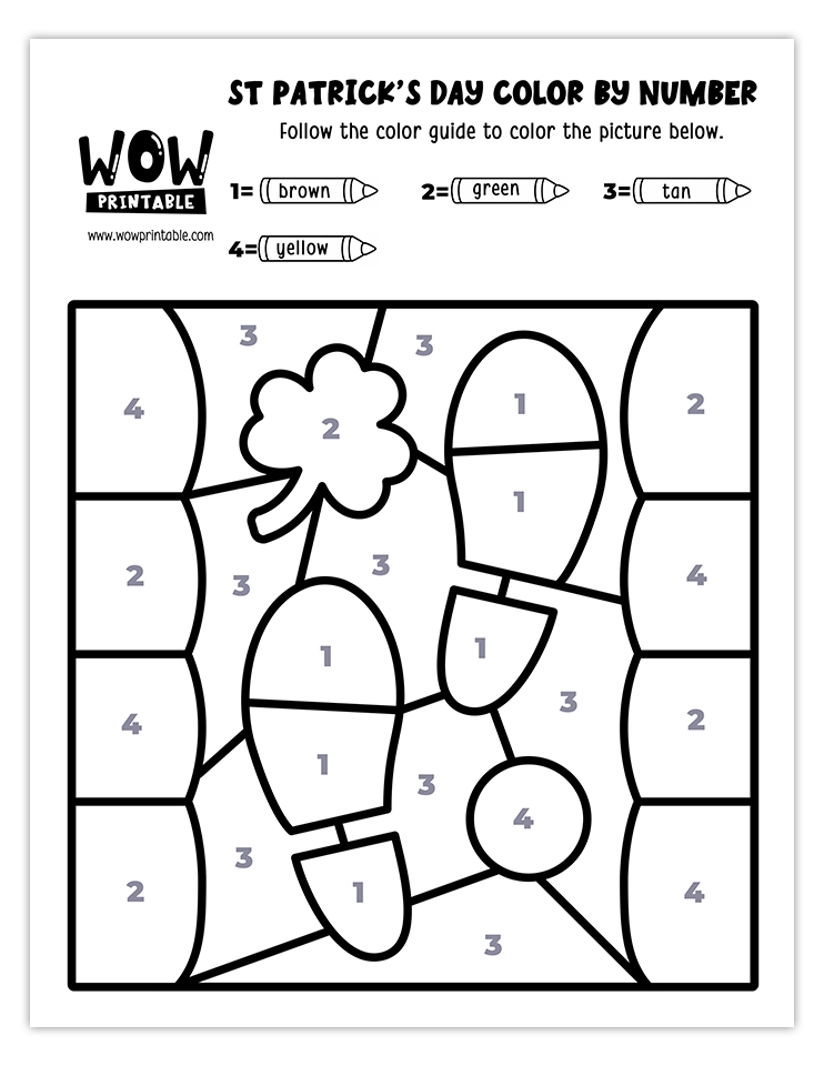 Color by number worksheet featuring leprechaun footprints and a shamrock, perfect for celebrating St. Patrick's Day with creative activities.