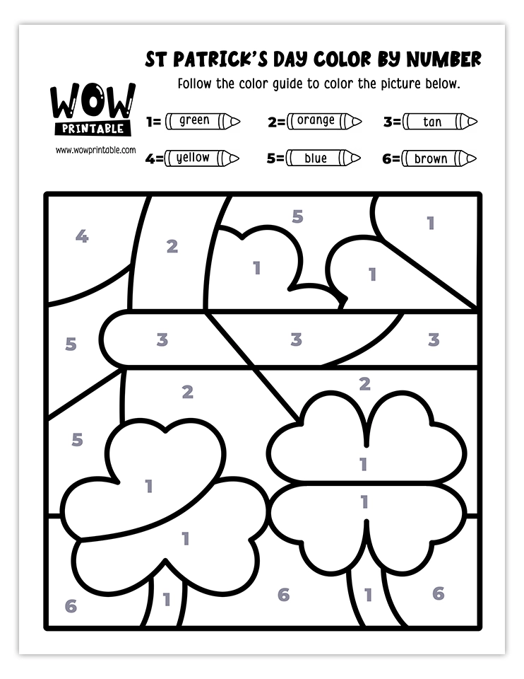 Color by number worksheet featuring Four-Leaf Clovers, perfect for St. Patrick's Day creative kids' activities.