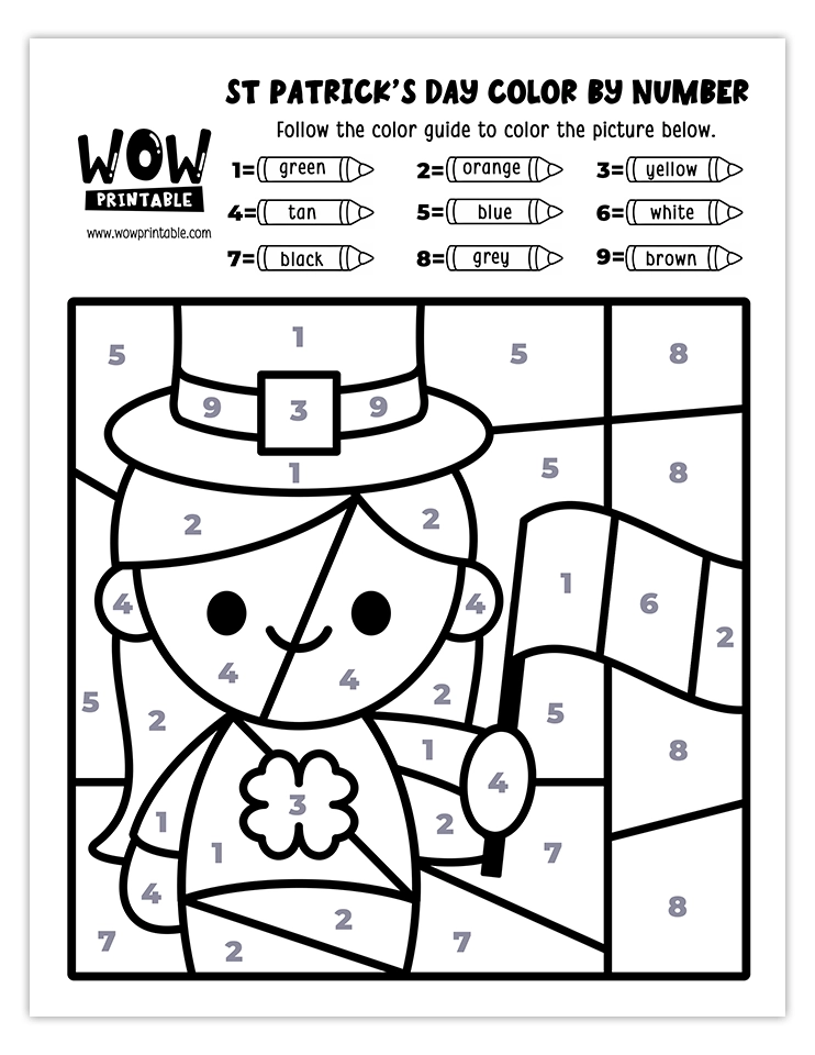 Color by number worksheet featuring a cheerful girl holding an Irish flag, perfect for celebrating St. Patrick's Day creatively.