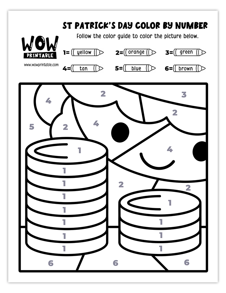 Color by number worksheet featuring stacks of gold coins and a cheerful leprechaun, perfect for celebrating St. Patrick's Day creatively.