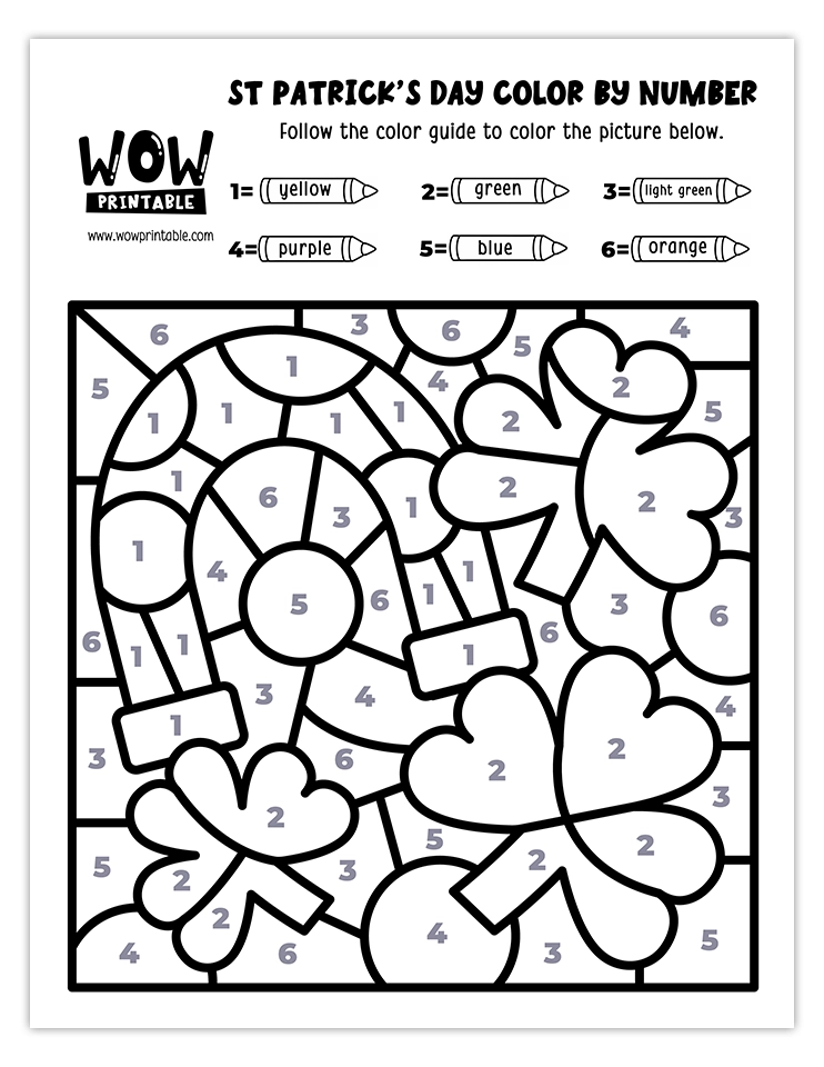 Color by number worksheet featuring a lucky horseshoe and shamrocks, perfect for St. Patrick's Day activities.