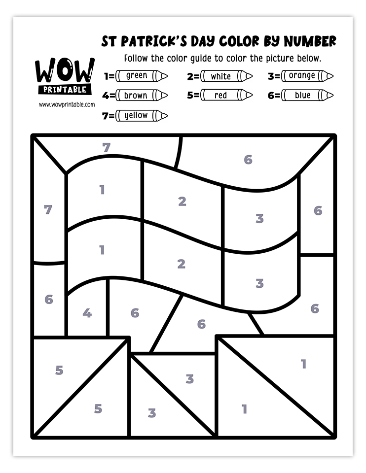 Color by number worksheet featuring the Irish flag and festive colors, perfect for St. Patrick's Day creative kids' activities.