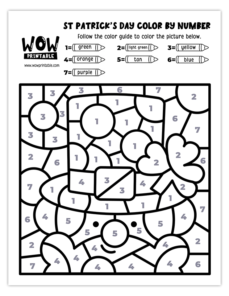 Color by number worksheet featuring a cheerful leprechaun with festive St. Patrick's Day symbols, ideal for kids' activities.