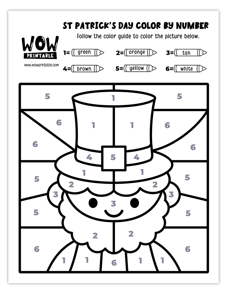 Color by number worksheet featuring a cheerful leprechaun face with a festive hat, perfect for St. Patrick's Day kids' activities.