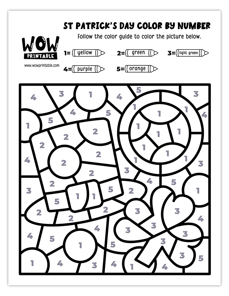 Color by number worksheet featuring a leprechaun hat, shamrock, and coins for festive St. Patrick's Day fun.