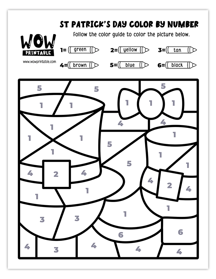 Color by number worksheet featuring festive leprechaun hats and a bow, ideal for St. Patrick's Day celebrations and kids' activities.