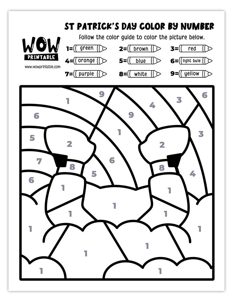 Color by number worksheet featuring a vibrant rainbow and leprechaun feet, perfect for creative St. Patrick's Day activities for kids.