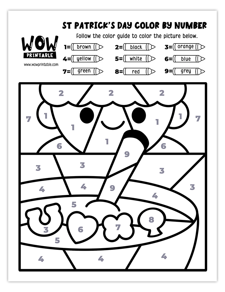 Color by number worksheet featuring a bowl of lucky cereal with festive shapes, perfect for creative St. Patrick's Day kids' activities.