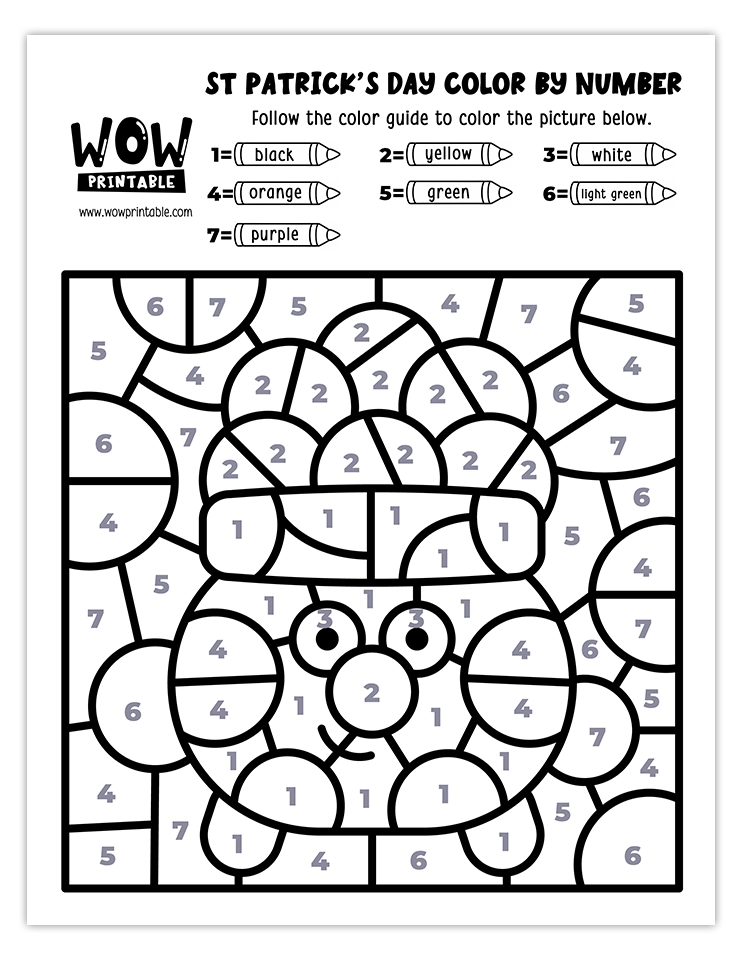 Color by number worksheet featuring a smiling pot of gold with colorful festive details for St. Patrick's Day activities.