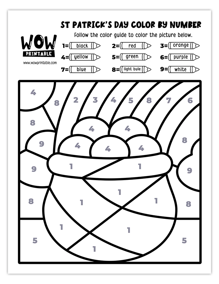 Color by number worksheet featuring a pot of gold and a vibrant rainbow, perfect for St. Patrick's Day fun and creative activities.